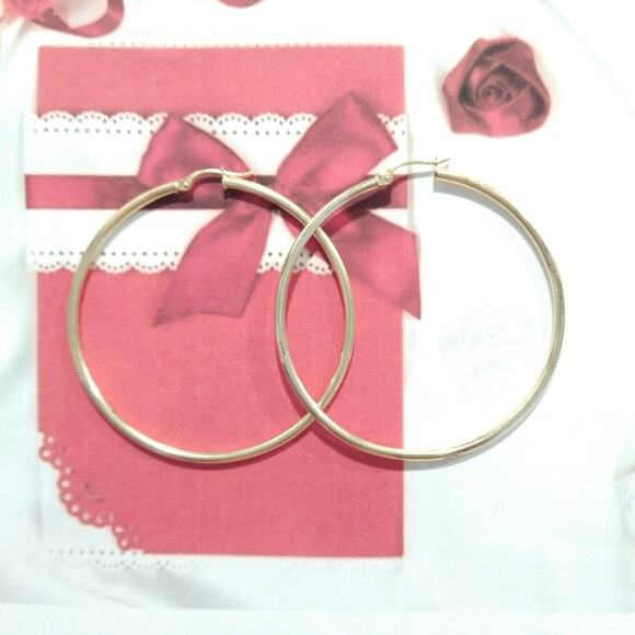 FAS 14k Yellow Gold 925 Sterling Silver Round Hoop Earrings Large Bold Signed - Picture 3 of 12